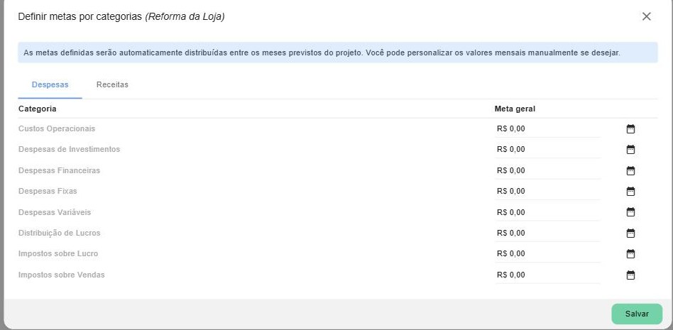 Definir metas por categorias, aba Despesas: cada categoria de despesa recebe uma Meta geral; o ícone de calendário abre o detalhamento mês a mês.