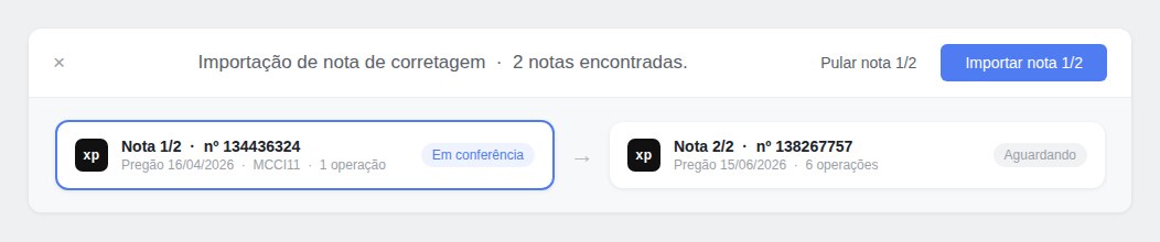 Importação de mais de uma nota: a barra superior indica o total de notas encontradas e permite navegar nota a nota (Pular nota X/Y e Importar nota X/Y).