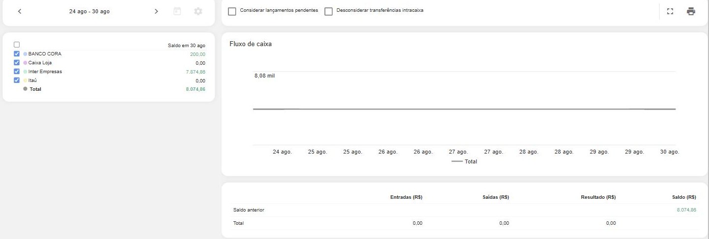 Fluxo de Caixa: saldo por conta e as opções “Considerar lançamentos pendentes” e “Desconsiderar transferências intracaixa”, com os gráficos de entradas e saídas.