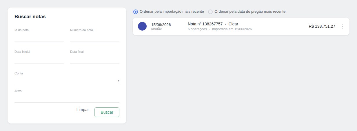 Tela de Notas de corretagem: o painel Buscar notas à esquerda e a lista de notas importadas à direita.