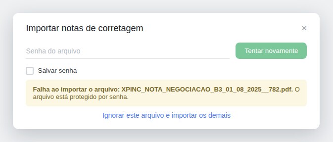 Solicitação da senha do arquivo protegido, com a opção Salvar senha e o link para ignorar o arquivo e importar os demais.