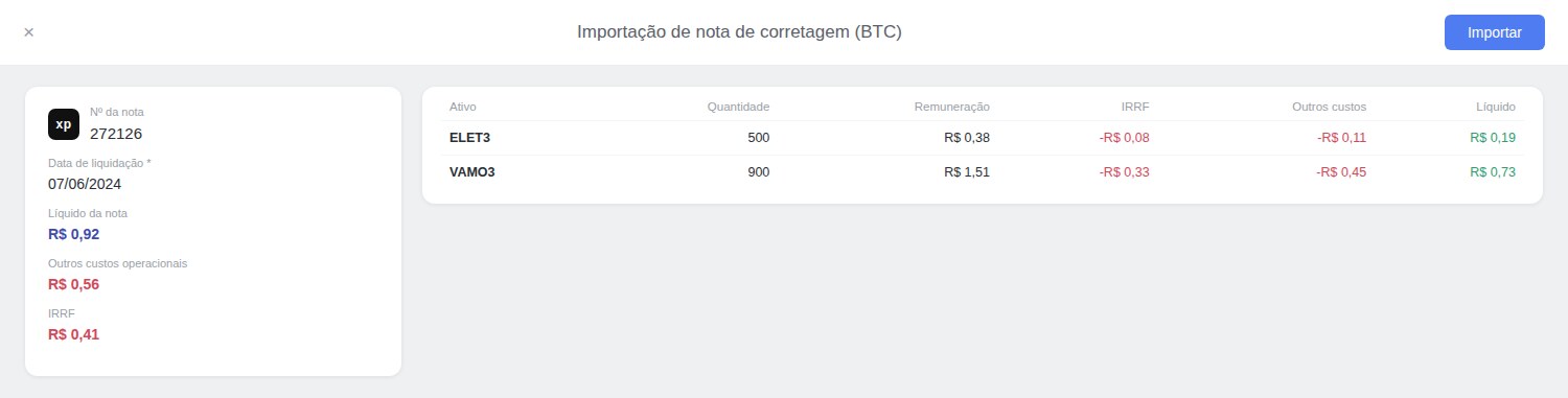Conferência de uma nota de aluguel (BTC): à esquerda o resumo da nota; à direita, a remuneração de cada ativo alugado (Remuneração, IRRF, Outros custos e Líquido).