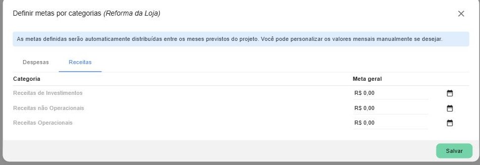 Aba Receitas: metas por categoria de receita (Receitas de Investimentos, não Operacionais e Operacionais).