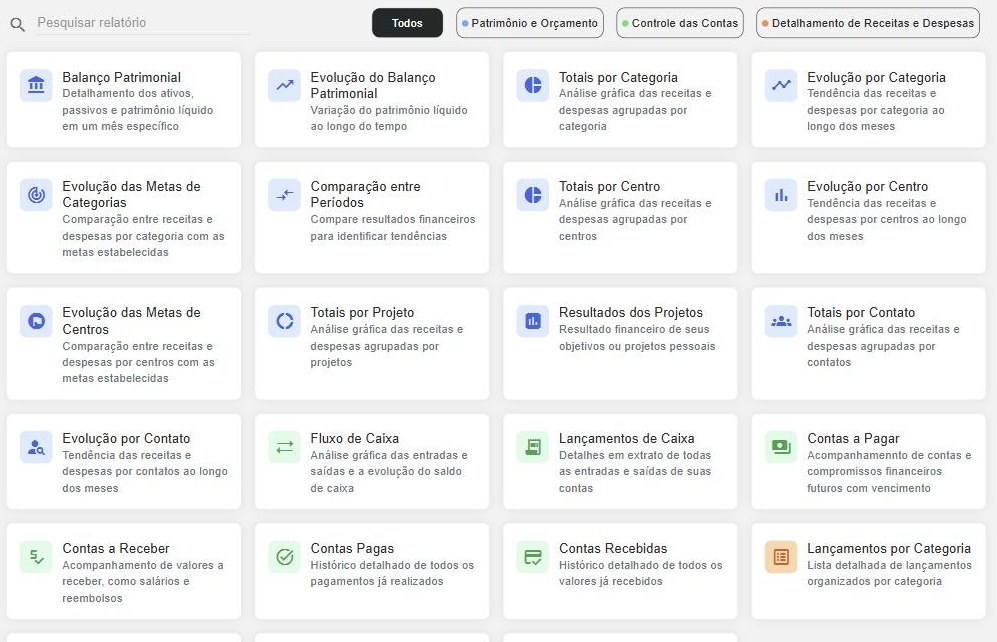 Tela de relatórios do perfil pessoal, com o campo de busca, os botões de grupo e os relatórios em cartões.