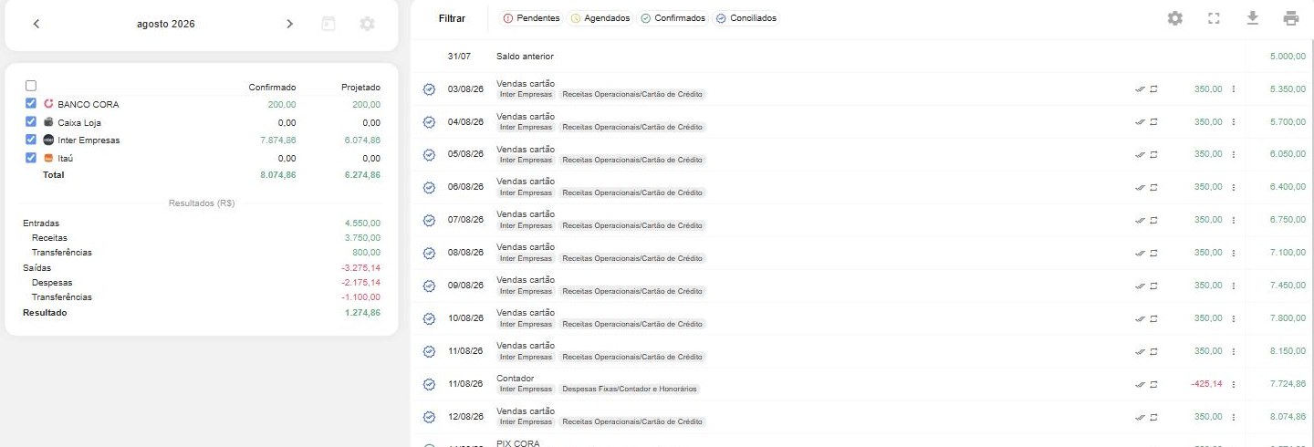 Lançamentos de Caixa: resumo lateral com as contas de caixa (Confirmado/Projetado) e o bloco Resultados; barra de topo no padrão de extrato.