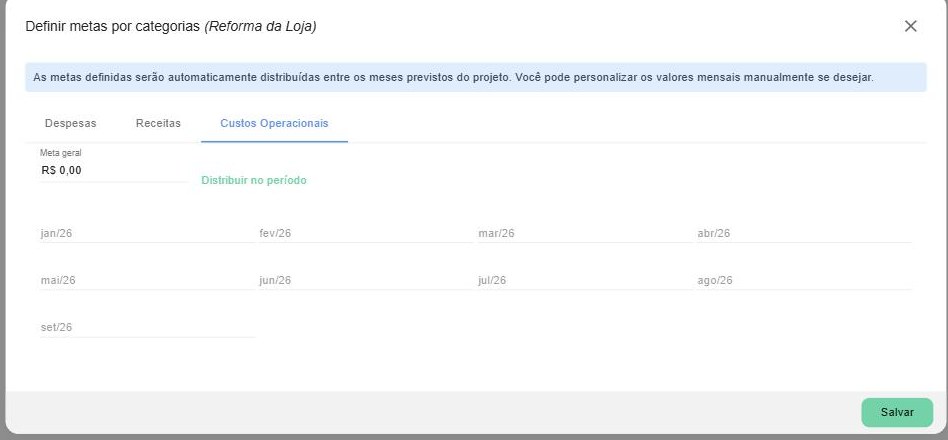Detalhamento mensal de uma categoria (Custos Operacionais): Meta geral, opção Distribuir no período e um campo por mês (jan/26 a set/26, conforme o período do projeto).