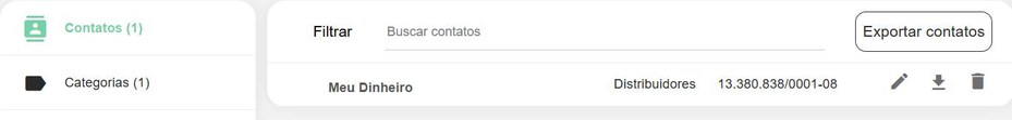 O contato “Meu Dinheiro” cadastrado, com a categoria Distribuidores e o CNPJ. À direita, os ícones de Editar, Inativar e Excluir contato exibidos ao passar o mouse.