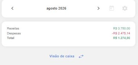 Painel esquerdo: navegação por período, resumo lateral e o botão de visão de caixa/competência.