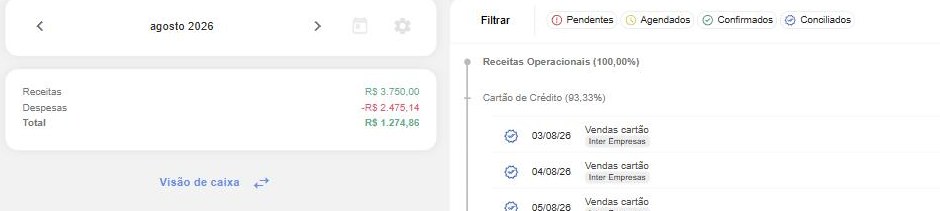 Com todas as etiquetas ativas, o relatório exibe todos os status e o resumo considera todos os lançamentos.