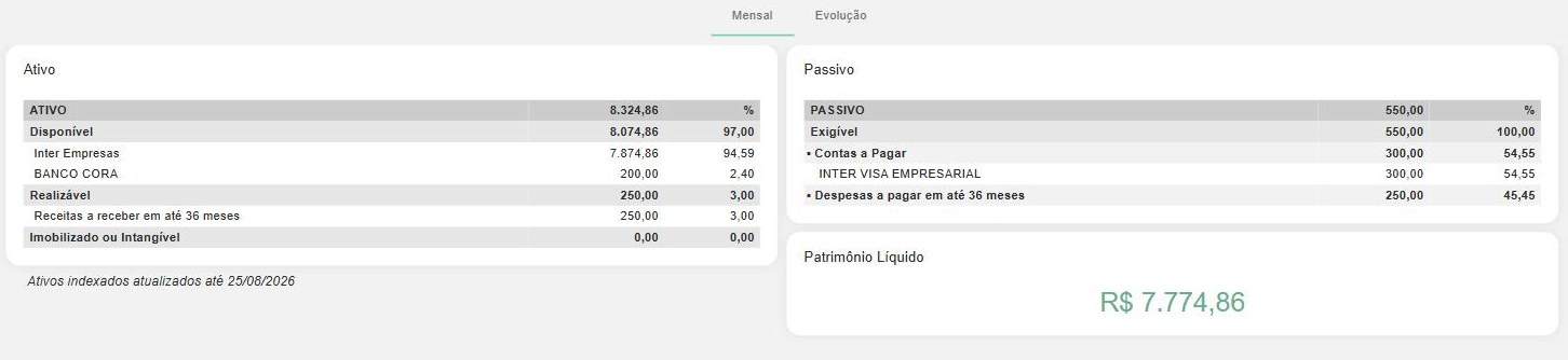 Balanço Patrimonial (aba Mensal): Ativo, Passivo e Patrimônio Líquido, com o seletor de mês e a barra de ícones à esquerda.