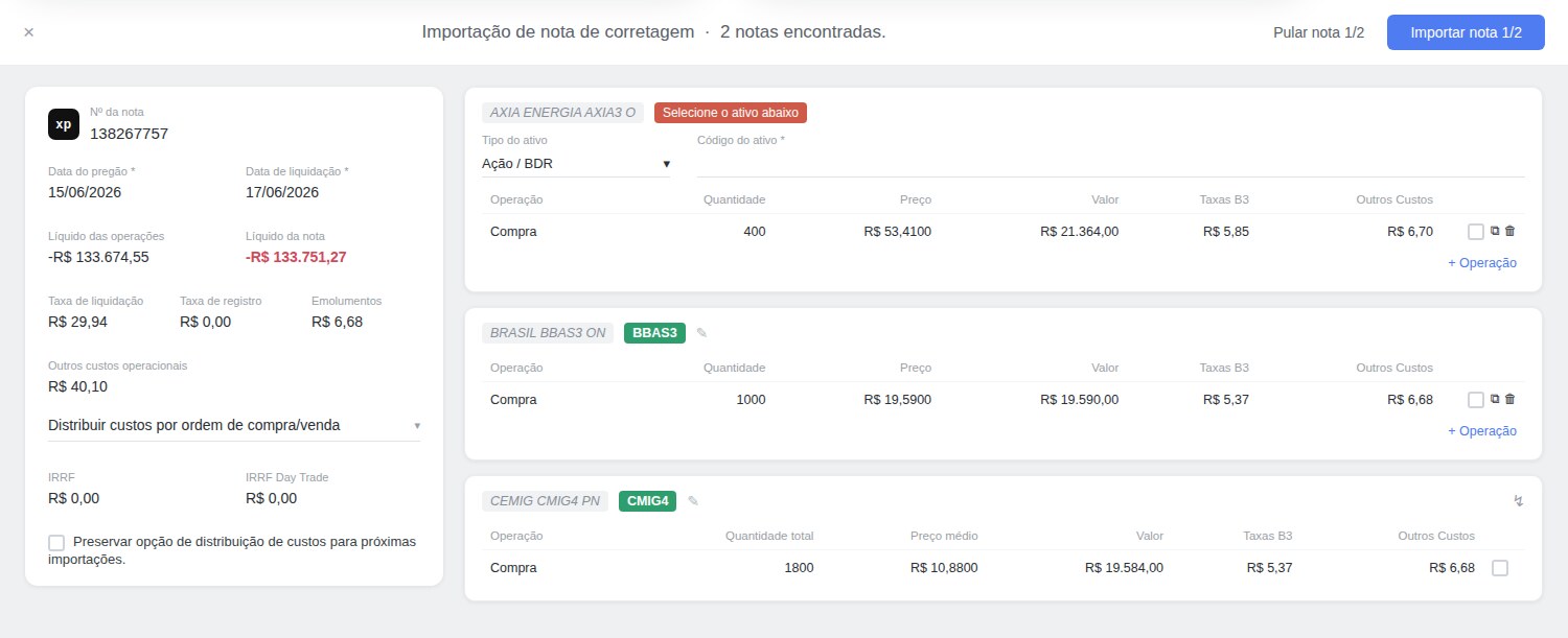 Tela de conferência da nota: o quadro resumo à esquerda e a lista de ativos à direita (com um ativo não identificado no topo). No topo, a barra indica quantas notas foram encontradas e os botões para pular ou importar a nota atual.