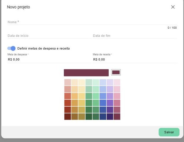 Janela Novo projeto: nome, período (início e fim), metas globais de despesa e receita e a paleta de cores de identificação.