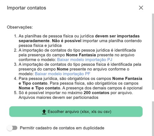 Janela “Importar contatos”: as observações da importação, os links para baixar os modelos (PJ e PF), o botão para escolher o arquivo e a opção de permitir duplicidade.