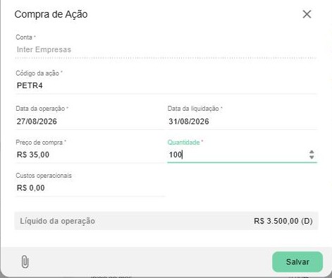 Operação de compra de ação (PETR4) no módulo Investimentos: além da Data da operação, há a Data da liquidação — é essa data que o fechamento de posição considera.